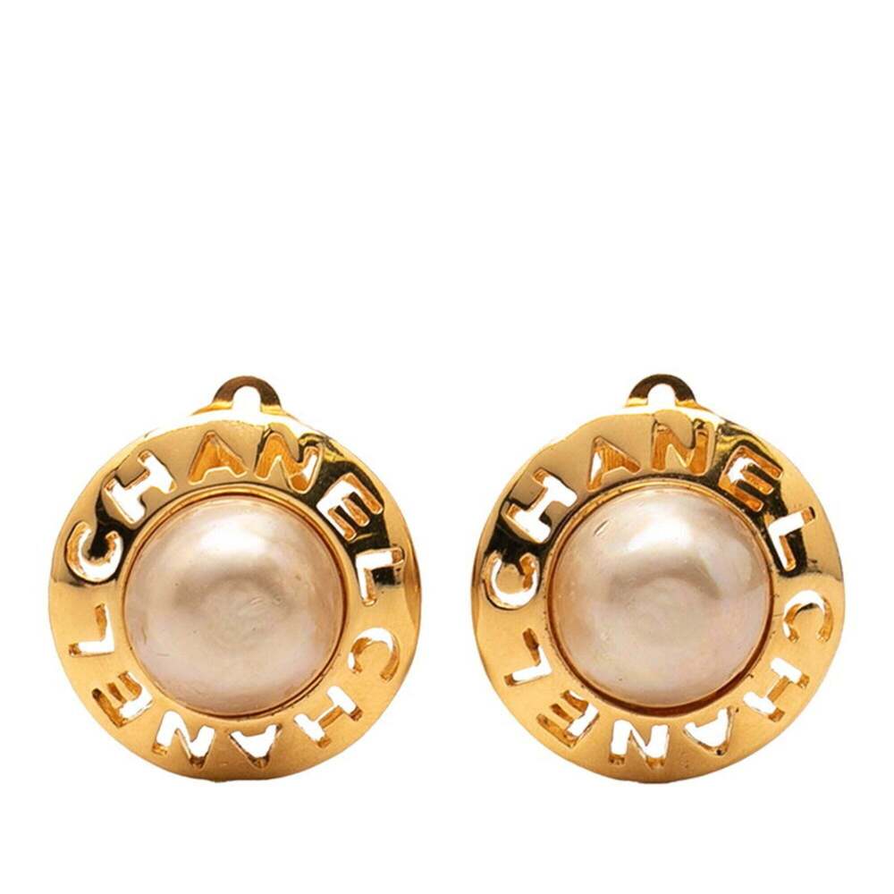 Chanel Logo Earrings, Gold Plated, Faux Pearl, Women's CHANEL